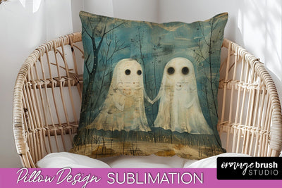 Halloween Pillow Cover - Cute Ghost Pillow Sublimation Sublimation OrangeBrushStudio 