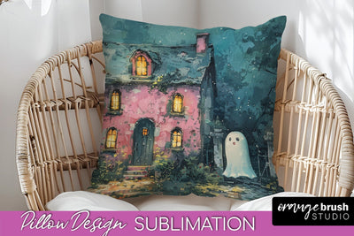 Halloween Pillow Cover - Cute Ghost Pillow Sublimation Sublimation OrangeBrushStudio 