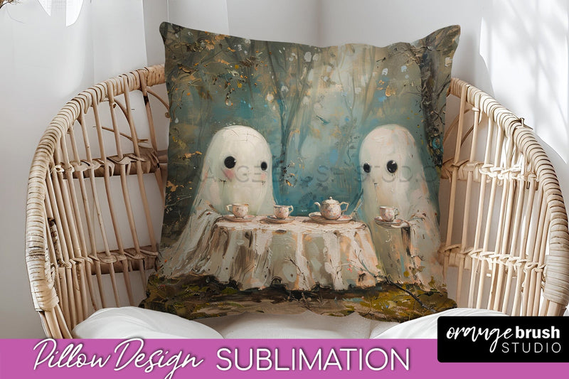 Halloween Pillow Cover - Cute Ghost Pillow Sublimation Sublimation OrangeBrushStudio 