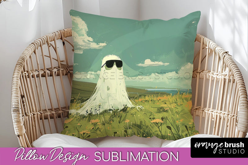 Halloween Pillow Cover - Cute Ghost Pillow Sublimation Sublimation OrangeBrushStudio 