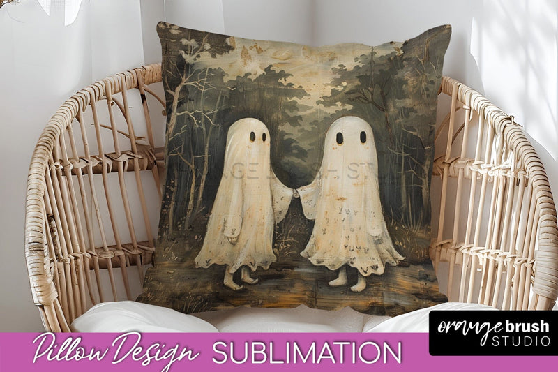 Halloween Pillow Cover - Cute Ghost Pillow Sublimation Sublimation OrangeBrushStudio 