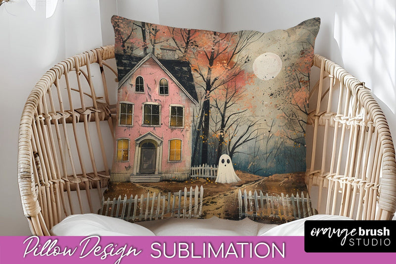 Halloween Pillow Cover - Cute Ghost Pillow Sublimation Sublimation OrangeBrushStudio 