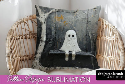 Halloween Pillow Cover - Cute Ghost Pillow Sublimation Sublimation OrangeBrushStudio 