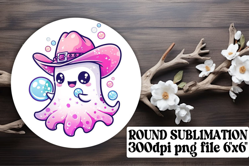 Halloween Pink Ghost Round Design Sublimation Keychain Art Sublimation afrosvg 