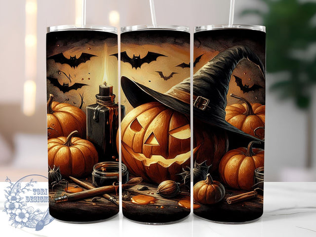 Halloween Pumpkin 20oz Skinny Tumbler PNG, Pumpkin Bat Tumbler Sublimation Wrap, Straight & Tapered Tumbler Wrap, Instant Digital Download Sublimation ToriDesigns 