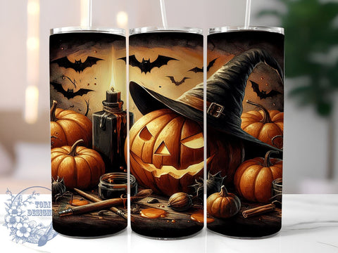 Halloween Pumpkin 20oz Skinny Tumbler PNG, Pumpkin Bat Tumbler Sublimation Wrap, Straight & Tapered Tumbler Wrap, Instant Digital Download Sublimation ToriDesigns 