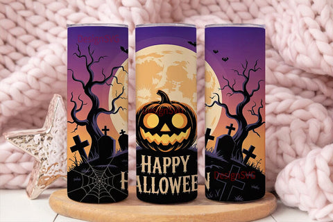 Halloween Pumpkin & Bats Tumbler Wrap Sublimation DesignSVG 