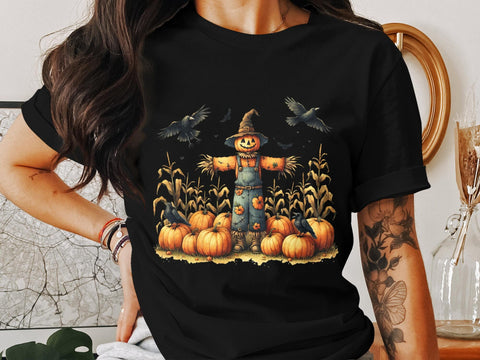 Halloween Pumpkin Patch with Scarecrow and Crows PNG Sublimation Luvleigh Digitals 