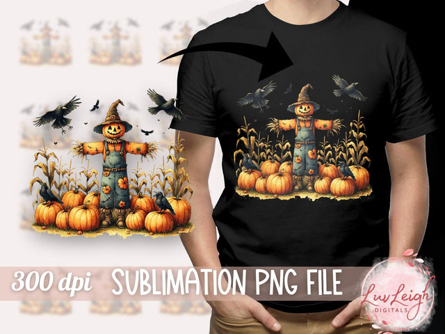 Halloween Pumpkin Patch with Scarecrow and Crows PNG Sublimation Luvleigh Digitals 