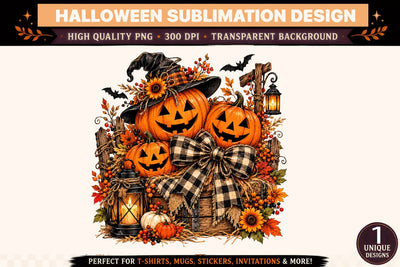 Halloween Pumpkin PNG Sublimation Design, Three Jack O Lanterns with Black Witch Hat, Buffalo Plaid Bow, Sunflowers, Vintage Lanterns, Rustic Wooden Crate and Autumn Harvest Foliage Clipart Sublimation BlackCatsMedia 