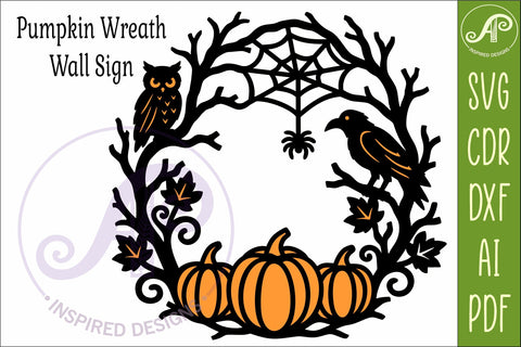 Halloween Pumpkin Wreath SVG with Owl Raven Spider Web Laser SVG APInspireddesigns 