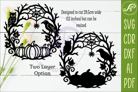 Halloween Pumpkin Wreath SVG with Owl Raven Spider Web Laser SVG APInspireddesigns 