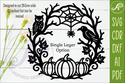 Halloween Pumpkin Wreath SVG with Owl Raven Spider Web Laser SVG APInspireddesigns 