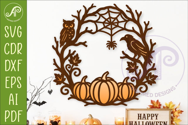 Halloween Pumpkin Wreath SVG with Owl Raven Spider Web Laser SVG APInspireddesigns 