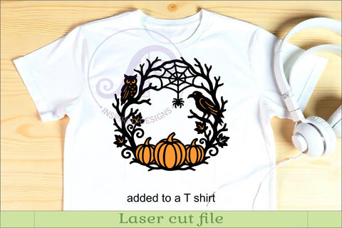 Halloween Pumpkin Wreath SVG with Owl Raven Spider Web Laser SVG APInspireddesigns 