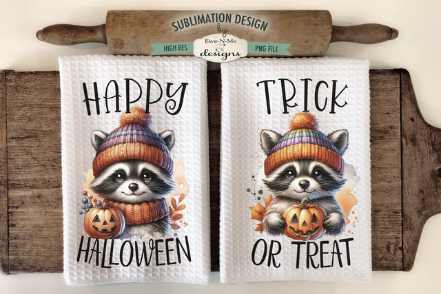 Halloween Raccoons with Jack O Lanterns Kitchen Towel Sublimation PNG Sublimation Ewe-N-Me Designs 