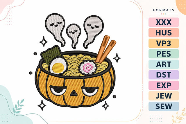 Halloween Ramen Pumpkin Embroidery Design | Spooky Ghost Noodle Bowl Embroidery/Applique DESIGNS sg embroidery 
