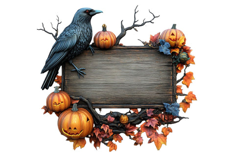 Halloween Raven Crow Pumpkin Wood Sign Clipart Sublimation SVGArt 