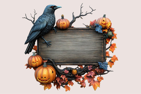 Halloween Raven Crow Pumpkin Wood Sign Clipart Sublimation SVGArt 