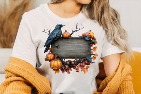 Halloween Raven Crow Pumpkin Wood Sign Clipart Sublimation SVGArt 