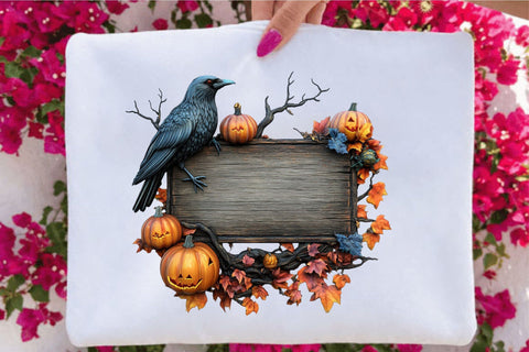 Halloween Raven Crow Pumpkin Wood Sign Clipart Sublimation SVGArt 