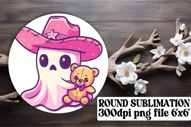 Halloween Round Design with Adorable Pink Ghosts Keychain Sublimation afrosvg 