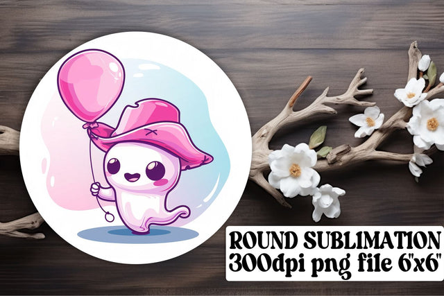 Halloween Round Design with Pink Ghost Sublimation Keychain Sublimation afrosvg 