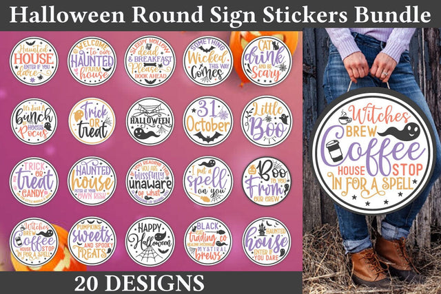 Halloween Round Sign Stickers Bundle SVG akazaddesign 