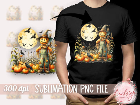 Halloween Scarecrow and Pumpkins Harvest Moon PNG Sublimation Luvleigh Digitals 