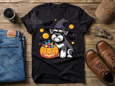 Halloween Schnauzer Pup T-Shirt PNG, Miniature Schnauzer, Cartoon Pup, Salt And Pepper Coat, Sublimation PNG, Spooky Cute, Pet Lover Shirt Sublimation SvggirlplusArt 
