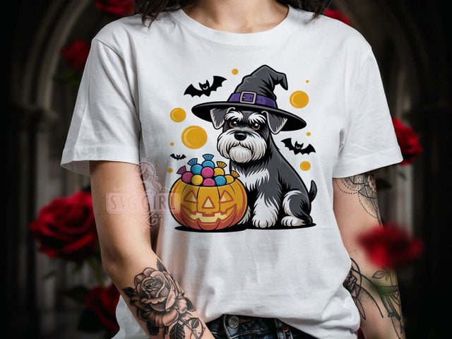 Halloween Schnauzer Pup T-Shirt PNG, Miniature Schnauzer, Cartoon Pup, Salt And Pepper Coat, Sublimation PNG, Spooky Cute, Pet Lover Shirt Sublimation SvggirlplusArt 