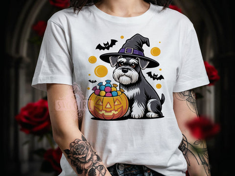 Halloween Schnauzer Pup T-Shirt PNG, Miniature Schnauzer, Cartoon Pup, Salt And Pepper Coat, Sublimation PNG, Spooky Cute, Pet Lover Shirt Sublimation SvggirlplusArt 