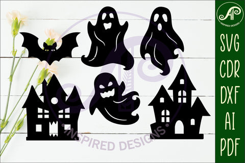 Halloween Silhouette shapes ghost and haunted houses SVG APInspireddesigns 
