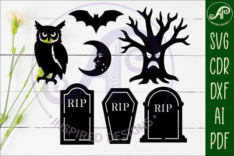 Halloween Silhouette shapes tombstone and tree SVG APInspireddesigns 