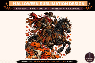 Halloween Skeleton Cowboy PNG, Headless Horseman Style Skeleton Riding Black Horse, Gothic Western Halloween Sublimation, Spooky Pumpkin Autumn Clipart Sublimation BlackCatsMedia 