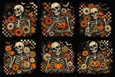 Halloween Skeleton Floral PNG Bundle, Checkered Skull with Pumpkin Designs, Distressed Spooky Flowers Bats Spiderweb, Halloween Shirts SVG DesignDestine 