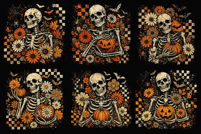 Halloween Skeleton Floral PNG Bundle, Checkered Skull with Pumpkin Designs, Distressed Spooky Flowers Bats Spiderweb, Halloween Shirts SVG DesignDestine 