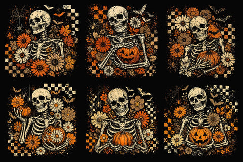 Halloween Skeleton Floral PNG Bundle, Checkered Skull with Pumpkin Designs, Distressed Spooky Flowers Bats Spiderweb, Halloween Shirts SVG DesignDestine 