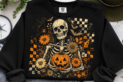 Halloween Skeleton Floral PNG Bundle, Checkered Skull with Pumpkin Designs, Distressed Spooky Flowers Bats Spiderweb, Halloween Shirts SVG DesignDestine 