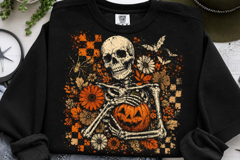 Halloween Skeleton Floral PNG Bundle, Checkered Skull with Pumpkin Designs, Distressed Spooky Flowers Bats Spiderweb, Halloween Shirts SVG DesignDestine 