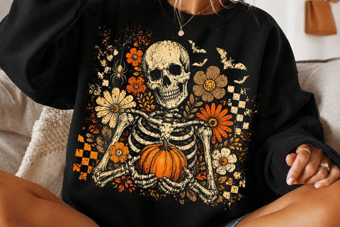 Halloween Skeleton Floral PNG Bundle, Checkered Skull with Pumpkin Designs, Distressed Spooky Flowers Bats Spiderweb, Halloween Shirts SVG DesignDestine 