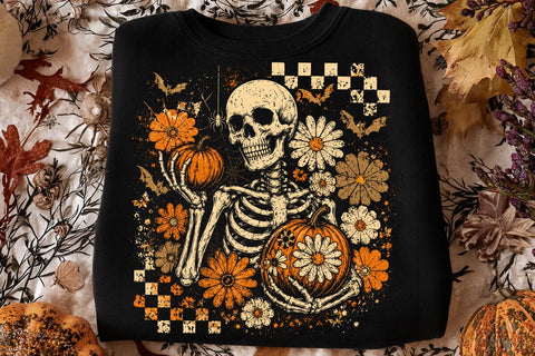 Halloween Skeleton Floral PNG Bundle, Checkered Skull with Pumpkin Designs, Distressed Spooky Flowers Bats Spiderweb, Halloween Shirts SVG DesignDestine 