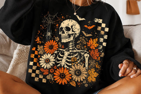 Halloween Skeleton Floral PNG Bundle, Checkered Skull with Pumpkin Designs, Distressed Spooky Flowers Bats Spiderweb, Halloween Shirts SVG DesignDestine 