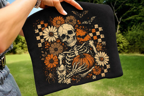 Halloween Skeleton Floral PNG Bundle, Checkered Skull with Pumpkin Designs, Distressed Spooky Flowers Bats Spiderweb, Halloween Shirts SVG DesignDestine 