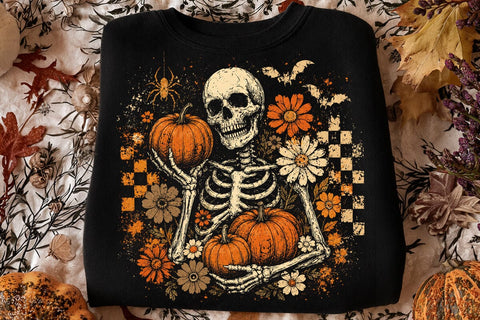 Halloween Skeleton Floral PNG Bundle, Checkered Skull with Pumpkin Designs, Distressed Spooky Flowers Bats Spiderweb, Halloween Shirts SVG DesignDestine 
