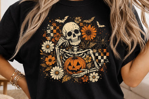 Halloween Skeleton Floral PNG Bundle, Checkered Skull with Pumpkin Designs, Distressed Spooky Flowers Bats Spiderweb, Halloween Shirts SVG DesignDestine 