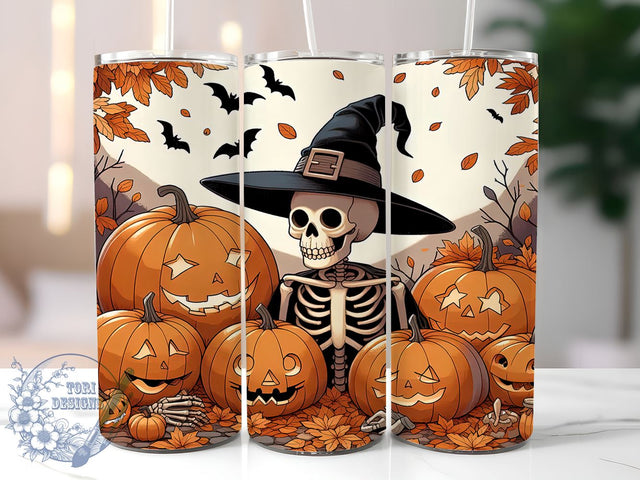 Halloween Skeleton with Pumpkins 20oz Skinny Tumbler, Skeleton Tumbler Png, Straight & Tapered Tumbler Wrap, Instant Digital Download Sublimation ToriDesigns 