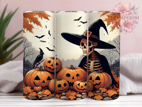 Halloween Skeleton with Pumpkins 20oz Tumbler Wrap PNG, Halloween Skeleton Tumbler Png, Straight & Tapered Tumbler Wrap, Instant Digital Download Sublimation Li Zamperini 