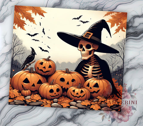 Halloween Skeleton with Pumpkins 20oz Tumbler Wrap PNG, Halloween Skeleton Tumbler Png, Straight & Tapered Tumbler Wrap, Instant Digital Download Sublimation Li Zamperini 