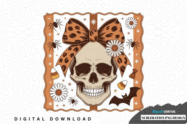 Halloween skull with leopard print bow sublimation png design Sublimation Regulrcrative 